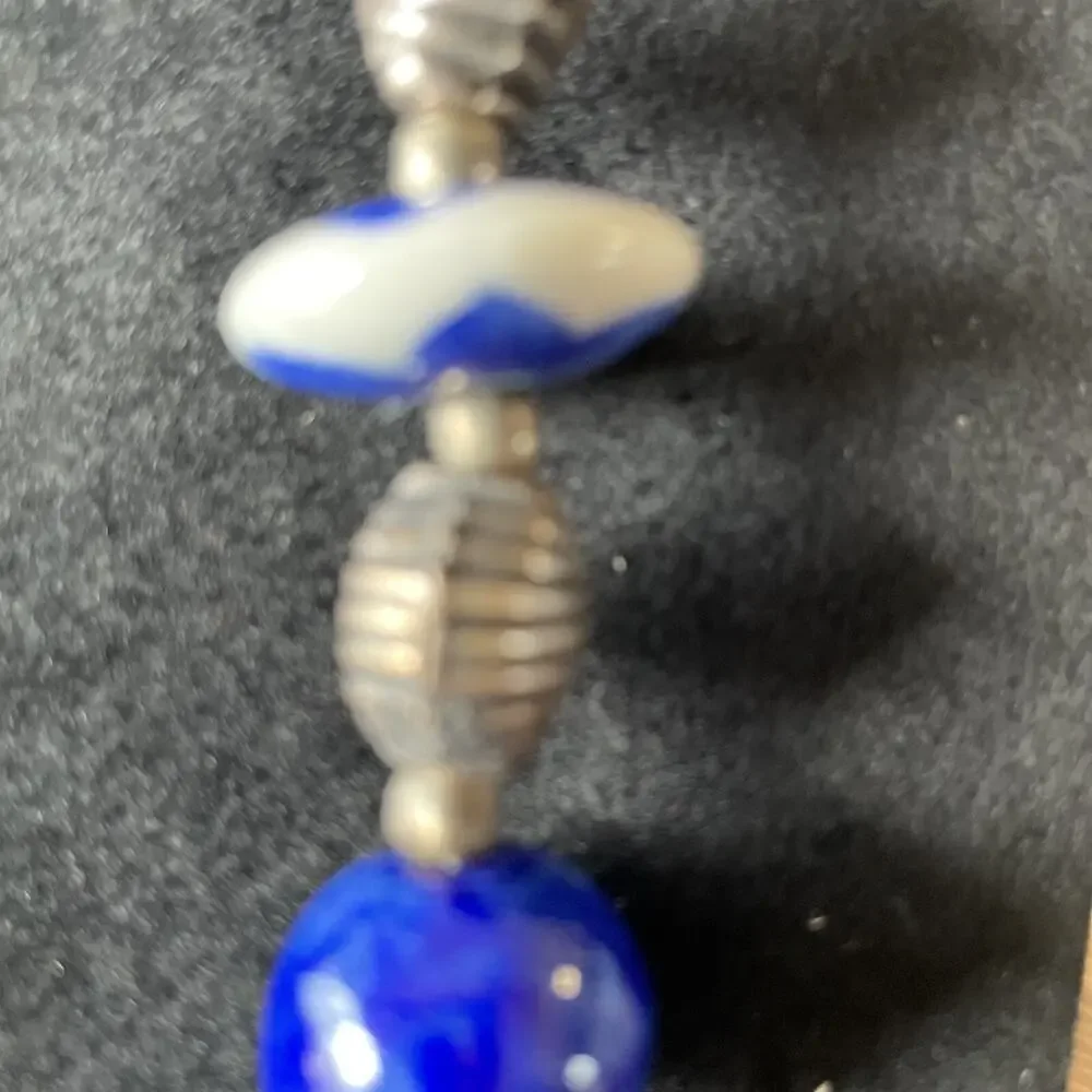 Vintage Hand Painted Chinese Porcelain Bead And Silver Beads Necklace